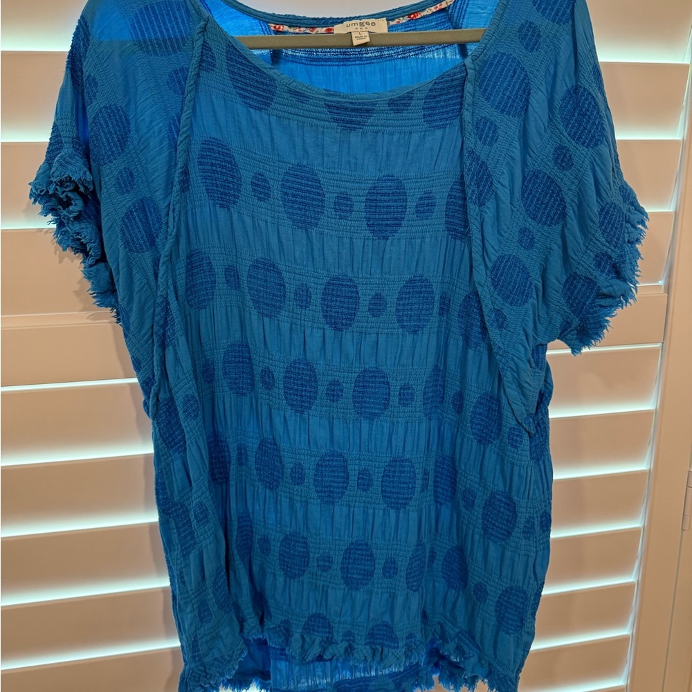 Umgee Blue Blouse with Relaxed Fit and fringe trim